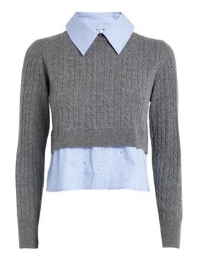 Sandro Gray Cropped Cable Knit Sweater with Light Blue Shirt Hem